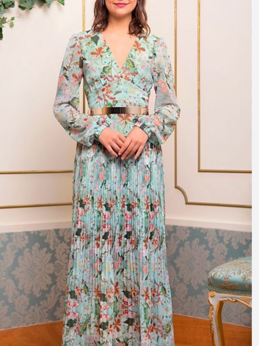 Mint Floral V-Neck Maxi Dress with Pleated Skirt